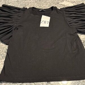 Zara Black Ruffled Short Sleeve Blouse